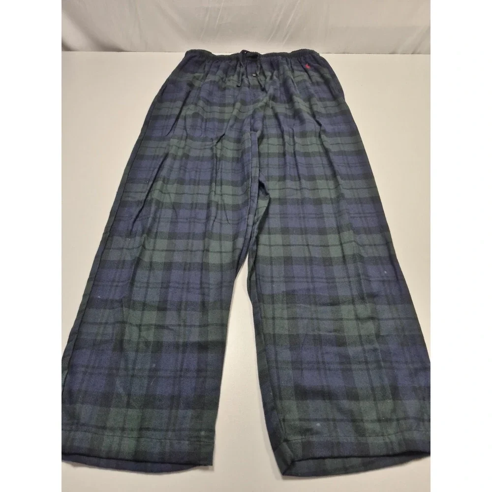 VTG Polo Ralph Lauren Pants Mens L Blue Plaid Flannel Sleepwear Drawstring FLAW